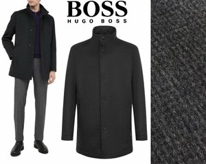 19万新品◆52=L◆BOSS ヒューゴボス 濃灰チェック柄風 中綿入りウールコート 1円