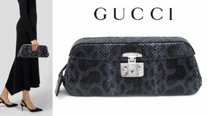 40万新品◆GUCCI グッチ レディロック パイソンレザークラッチバッグ青灰×焦茶１円