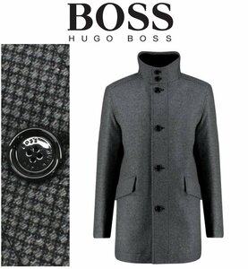 15万新品◆52＝L◆BOSS ヒューゴボス 灰系マイクロチェック柄 レイヤード風中綿入ウールコート『Coxtan』1円