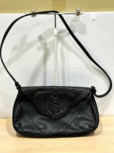 [2273] IBIZA イビザ 本革 レザー ショルダーバッグ お花モチーフ バッグ 黒 手持ち 鞄 カバン bag 中古 幅29×高さ16×マチ6cm