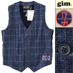 新品 2.4万 gim ジム シェットランド ウール ウィンドウペン ツイード ベスト M 紺 青 【I42228】 日本製 秋冬 British Wool ニット ジレ