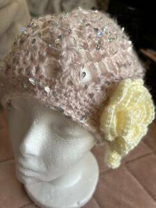 手編み柄編み　毛糸帽子モヘア　デザイン帽子