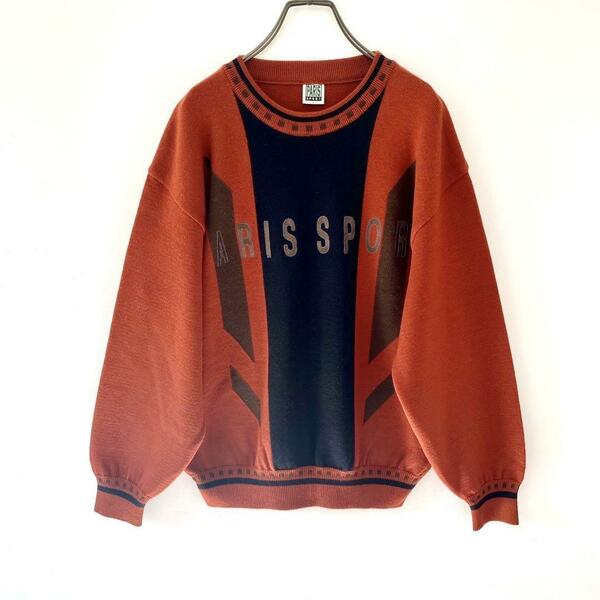 古着 日本製 刺繍ロゴセーター デザインニット ワッペン オレンジ 黒 L レトロ ユニセックス