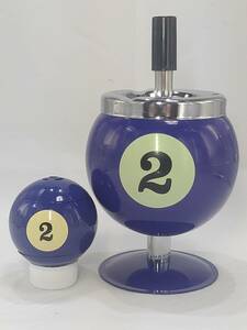 ビリヤード ガスライター ＆ 回転 蓋つき 灰皿 2点セット 喫煙具 青 2番球 スタンド型 billiards