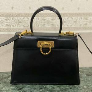 Salvatore ferragamo gun chi-ni2WAY shoulder bag handbag leather black classical formal Vintage bag diagonal ..