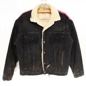 80年代 リーバイス ブラック デニムボアジャケット★USA製【古着】 Ｍサイズ 黒 ブラック LEVIS Gジャン サイケ リメイクフリンジ ヒッピー