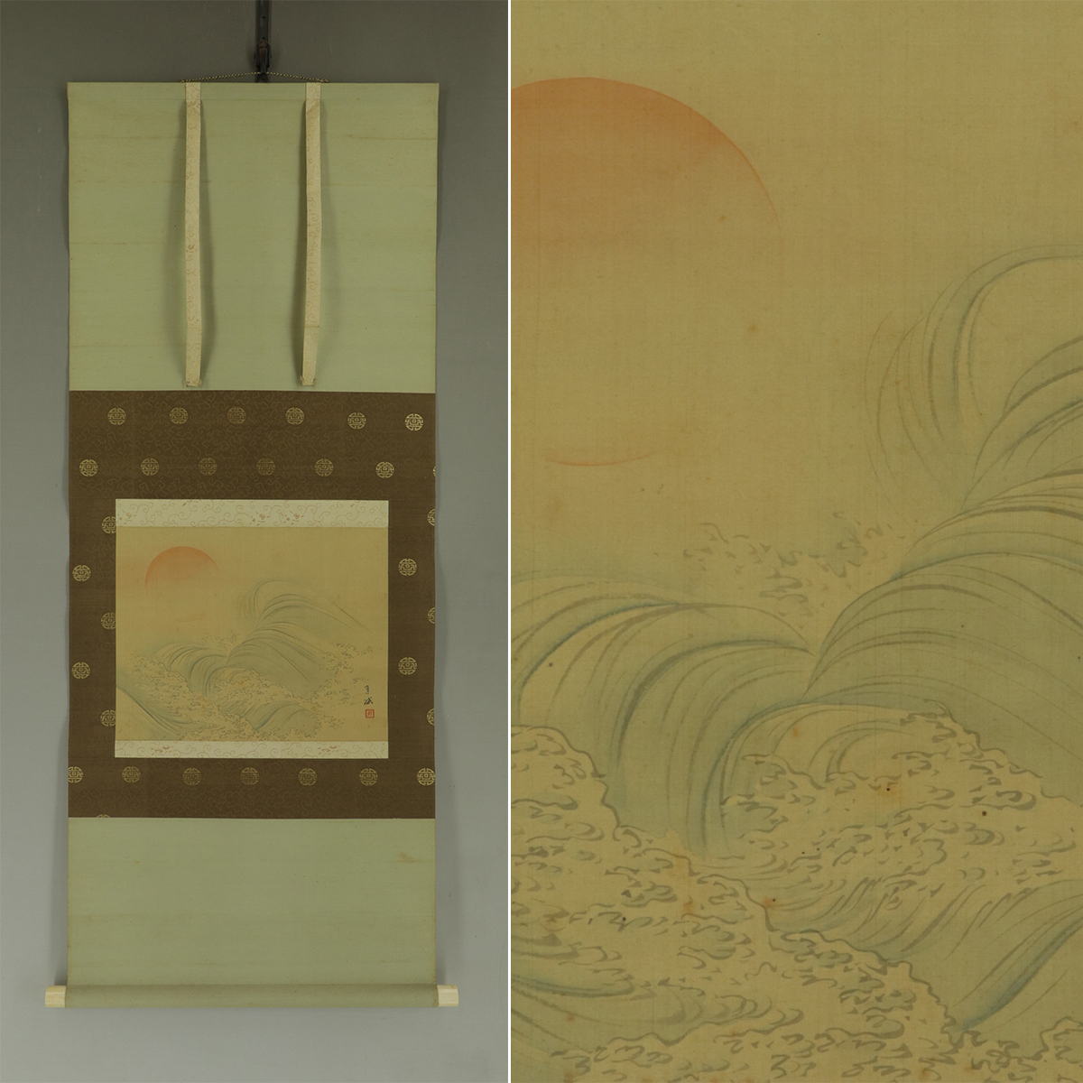 [Trabajo auténtico] Naoki Fukada [Amanecer sobre las olas] ◆ Libro de seda ◆ Caja ◆ Pergamino colgante u11027, cuadro, pintura japonesa, paisaje, Fugetsu