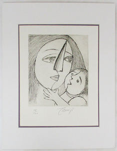 北川民次『母子像』銅版画　ed.54/100. 鉛筆サイン　マット付き（額なし）　＊マット裏シールのサインは印刷になります。