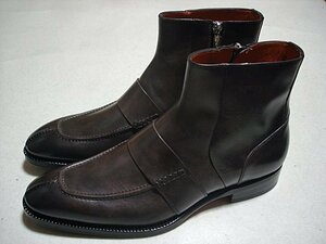 18万★新品本物【サントーニ・Santoni】匠の技パティーヌ仕上げ！スマートな本革レザーサイドジップショートブーツ/シューズbrown27.5/8.5