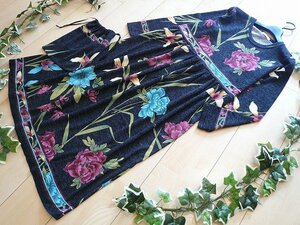 【新品】8587【L】上質 艶やか花柄 ニット ワンピース 紺系 ギャザー切替 薄手起毛ニット 共布ポーチ付 40代 50代 60代 秋 冬