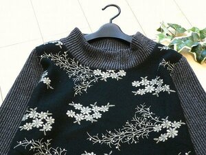 【新品】8605【L】上質 花刺繍 ニット チュニック ワンピース 黒系 長袖 ハイネック リブ編み エレガント 上品 40代 50代 60代 秋 冬