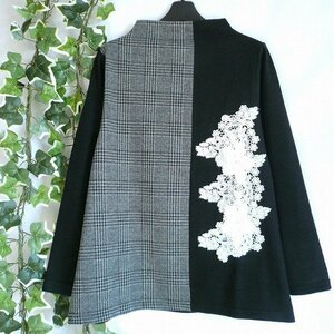 【新品】8626【L】刺繍調花モチーフ 起毛ニットソープルオーバー 黒系 ブラック グレンチェック切替 ストレッチ 40代 50代 60代 秋 冬