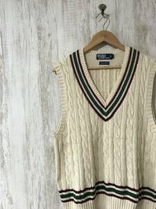 at846☆【90s ヴィンテージ フィッシャーマン ケーブル編み ニットベスト】RALPH LAUREN ラルフローレン セーター スクールニット L