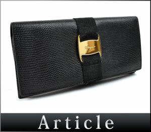 163163〇 Ferragamo フェラガモ ヴァラ金具 二つ折り長財布 ウォレット 22 3059 型押しレザー ナイロン ブラック レディース/ C