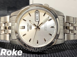 新品 SEIKO5 セイコー5 日本製 自動巻き 機械式 腕時計 シルバー セイコー5ロゴ文字盤 裏ブタスケルトン ビジネスウォッチ カレンダー