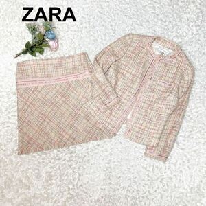 ZARA ザラ セットアップ ノーカラー ツイード スカートスーツ 38 ピンク レディース B122326-81