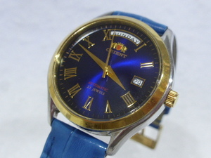 【稼働品】オリエント 腕時計 自動巻き/AT オートマチック EV0H-A00 CS 510234 デイデイト 21JEWELS 青文字盤 ブルー系 裏スケ 60サイズ