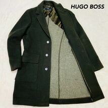 【紳士の風格】 極美品 HUGO BOSS チェスターコート 緑 カーキ ロングコート ツール 千鳥格子 36 ヒューゴボス ウール コート アウター _画像1