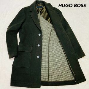 【紳士の風格】 極美品 HUGO BOSS チェスターコート 緑 カーキ ロングコート ツール 千鳥格子 36 ヒューゴボス ウール コート アウター 