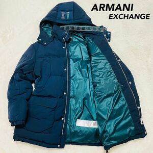 【極美品】ARMANI アルマーニ エクスチェンジ ダウンジャケット S ダウンコート ロゴプリート L相当 フード ジャケット 肉厚 アウター 