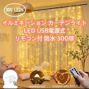イルミネーションカーテンライト LED USB電源式 リモコン付 防水 3m×3m