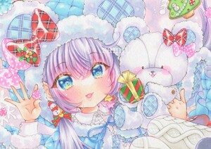 創作 A4 【Merry Christmas】手描きイラスト オリジナル くま ぬいぐるみ 水色 金平糖 原画