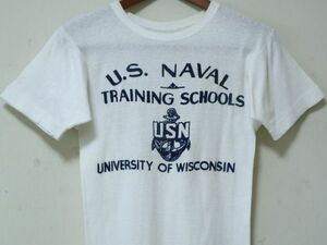 デッドストック をワンウオッシュ! WW2 40S USN US NAVY US NAVAL TRAINING SCHOOLS ビンテージ フロッキープリント Tシャツ // 米軍 50s