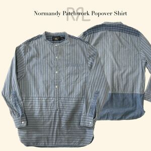 【名作】RRL “Normandy Patchwork Popover” L バンドカラー プルオーバー パッチワーク インディゴ シャツ ストライプ Ralph Lauren 