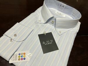 a.v.v　HOMME★白地×イエローブルーストライプワイシャツ　4L(47-88)　ボタンダウン　形態安定