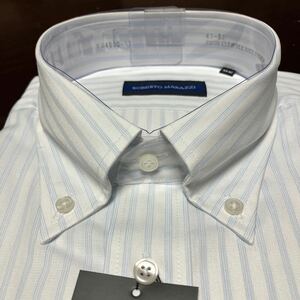 ROBERTOMARAZZI　白地×サックスブルーストライプワイシャツ　L(41-82)　イージーケア　ボタンダウン