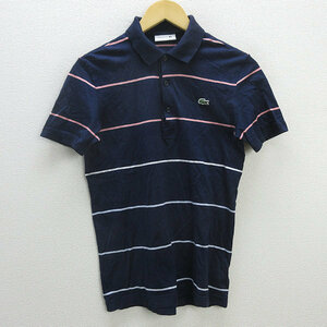 y■日本製■ラコステ/LACOSTE ボーダー柄 半袖ポロシャツ■紺【 3 】MENS/91【中古】