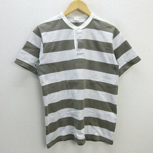 z■ユナイテッドアローズ/UNITED ARROWS GLR ノーカラーボーダーTシャツ【M】白カーキ/men's/71【中古】■