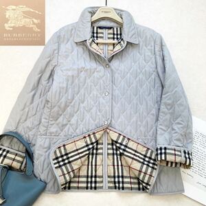 大きいサイズ◆美品◆バーバリー BURBERRY 40.42.44.46相当/L-XL メガチェックコンビ☆ウルトラライト中綿キルティングコート アイスグレー