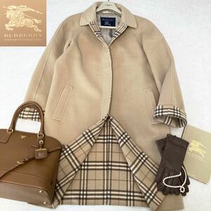 大きいサイズ◆美品◆バーバリー BURBERRY 40.42.44.46相当/L.XL.3L メガチェックコンビカシミヤウールリバーコート ミルクティーベージュ