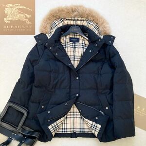 大きいサイズ◆美品◆バーバリー BURBERRY 46-48/15-17号/XL-3L ブルーフォックスファー3way☆メガチェックコンビプレミアムダウンコート