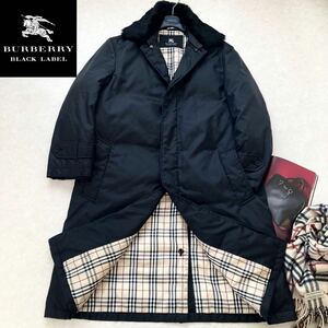 大きいサイズ◆超美品◆バーバリーブラックレーベル BURBERRY BLACK LABEL Lサイズ ラビットファー2wayノバチェックチェスターダウンコート