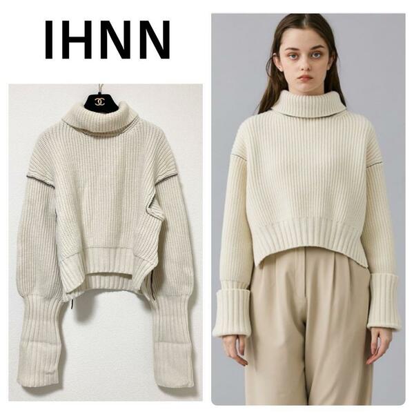 IHNN イン STUDIOUS別注 カラーステッチローゲージタートルネックプルオーバー セーター ニット ハイネック ホワイト カシミヤ