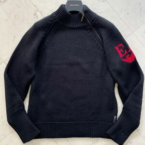 美品/Lサイズ★ エンポリオ アルマーニ EMPORIO ARMANI ロゴ刺繍入 ハーフジップ ニット セーター ハイネック ウール イタリア系 ブラック