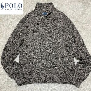 極美品◎XL相当 ポロラルフローレン 【さらりと纏う高級感】POLO Ralph Lauren ニット セーター くるみボタン ローゲージ編み込み 白黒