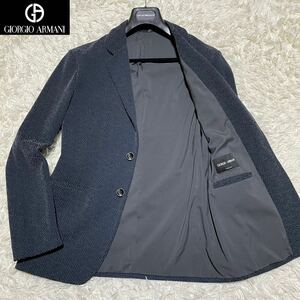 新品同様◎現行 ジョルジオアルマーニ GIORGIO ARMANI テーラードジャケット ブレザー 凹凸ヘリンボーン生地 48 Lネイビー エンボス 総裏