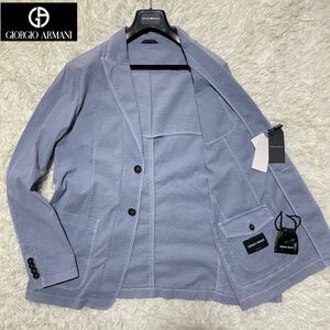 新品タグ付き◎2XL ジョルジオアルマーニ テーラードジャケット ブレザー GIORGIO ARMANI 凹凸 シアサッカー ブルー 未使用 54 3L 黒ラベル