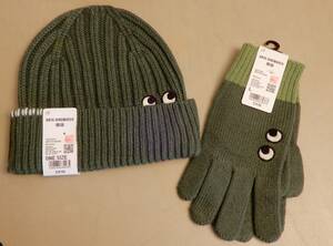 [USA*Anya Hindmarch x UNIQLO*aniya* - Индия March x Uniqlo (USA)] перчатки & вязаная шапка ( шляпа ) комплект * ограничение сотрудничество * зеленый 