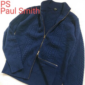 美品 Lサイズ ririジップ ダブルファスナー PS Paul Smith ピーエスポールスミス ケーブルニット ジャケット カーディガン メンズ ネイビー