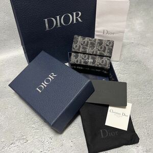 正規購入 美品 ディオールオム DIOR オブリークジャガード レザー革 三つ折り財布 コンパクトウォレット 黒 シグネチャー