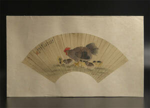 刘奎龄 （款） 鶏図 扇面 鏡心 模写 古画 中国 絵画