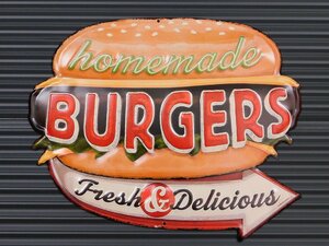 送料￥350【homemade BURGERS・ハンバーガー】※《エンボスメタルサイン》 アメリカン雑貨　エンボス看板　ブリキ看板　20