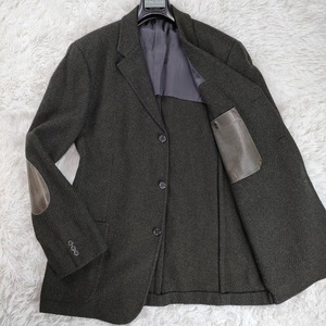 美品!カシミヤ100!ゼニア/Ermenegildo Zegna Soft【レザーエルボーパッチ×ツイード】テーラードジャケット ダークグリーン 緑 56/XL以上