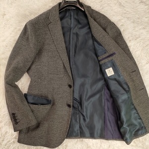 美品!ランバンオンブルー/LANVIN en Bleu【起毛ウール100%×メランジグレー×ロゴ刻印釦】テーラードジャケット 50/L位 裏地総柄 本切羽