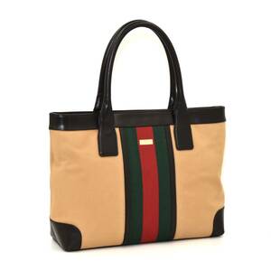 [ 1円 ] GUCCI グッチ シェリーライン トートバッグ ショルダーバッグ ダークブラウン系 レザー ベージュ系 キャンバス ゴールド金具 