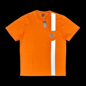 新品 HUF ハフ モータースポーツ ロゴ ワッペン 反射リフレクター ライン ポケット スケーター オーバーサイズ ビッグTシャツ オレンジ XL